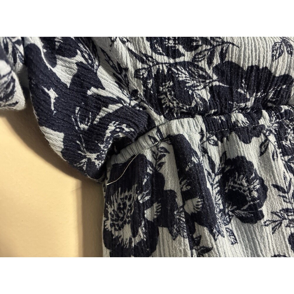 Womens Large Boho Romper Blue Floral Deep V-neck Dolman Sleeve Keyhole Button - Picture 9 of 16